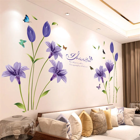 DIY Purple Lavender Living Room Wall Stickers Decor Self-adhesive Flowers Butterfly Wall Decals Mural Bedroom Home Decorations